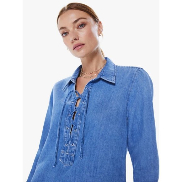 💕MOTHER💕 The Lace Up Shirt Dress ~ Salt And Lime Blue Denim Large L NWOT - Picture 4 of 16